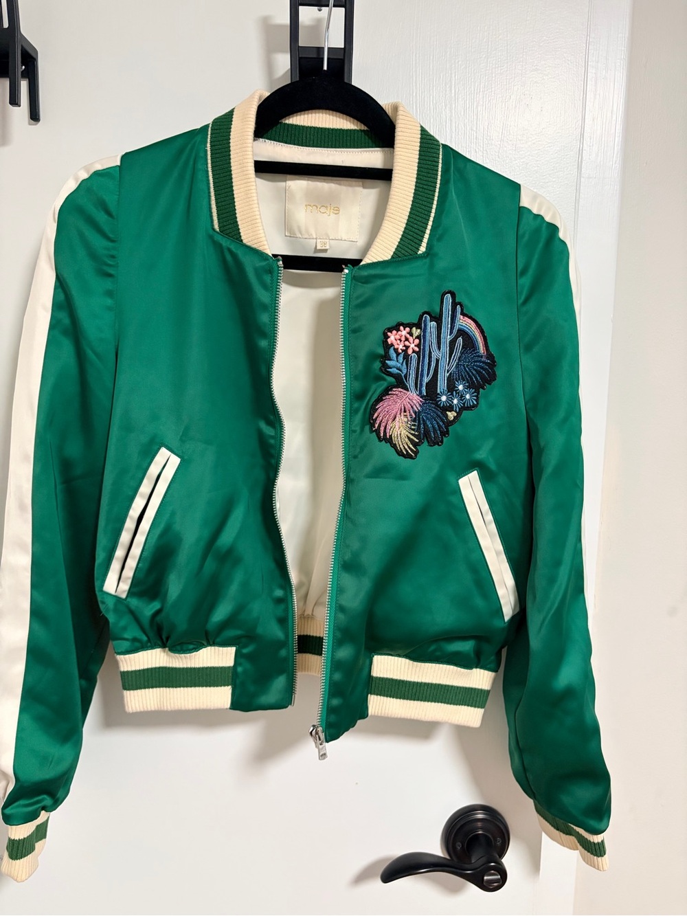 Maje Green Satin Bomber Jacket with Embroidered Desert Patch